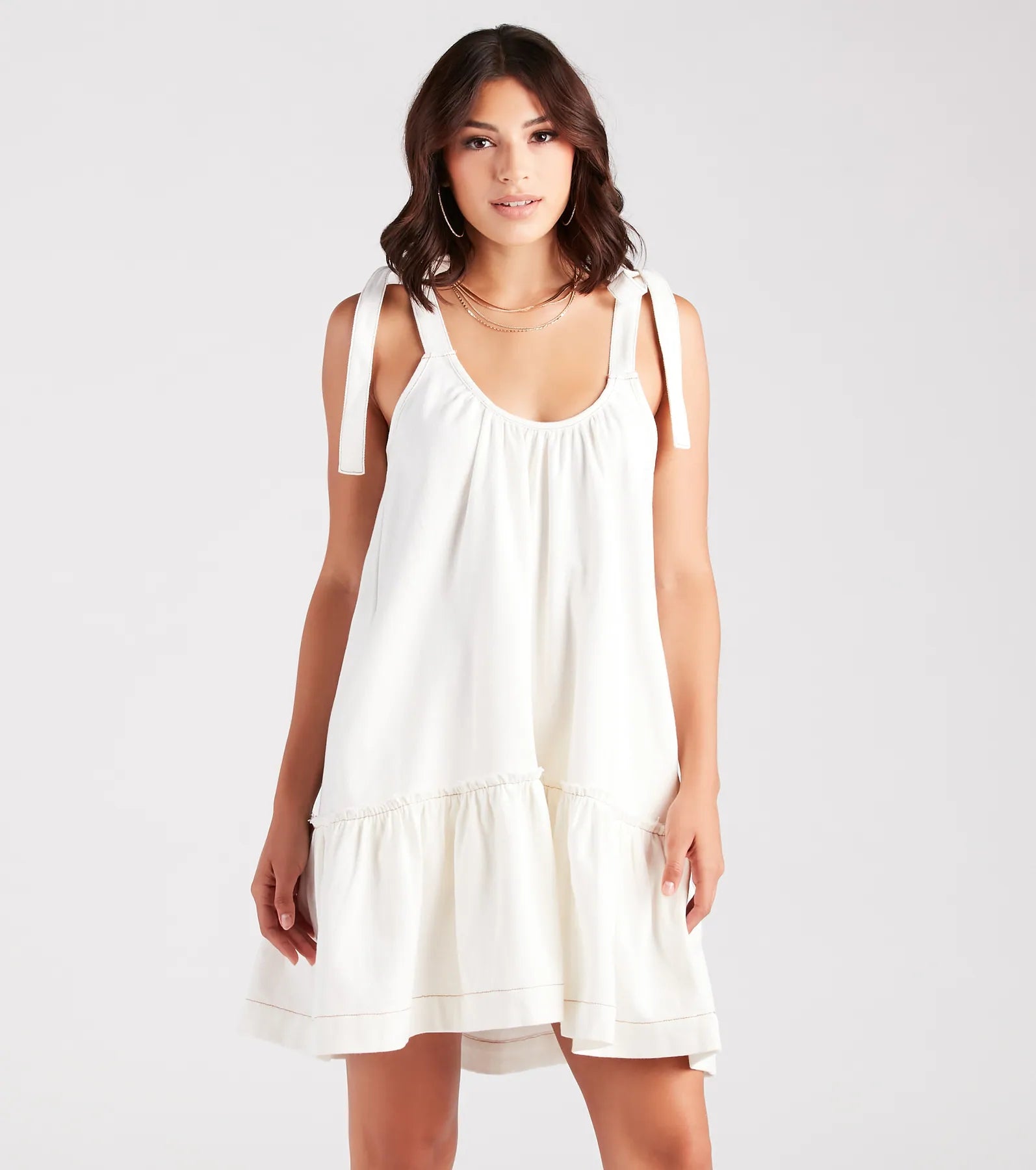 Coastal Vacay Tie-Shoulder Ruffled Short Dress