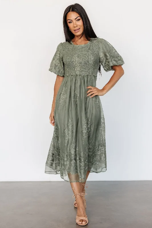 Corrine Embroidered Midi Dress | Deep Sage