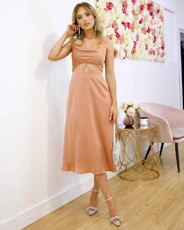 Meagan Satin Midi Dress - Mocha