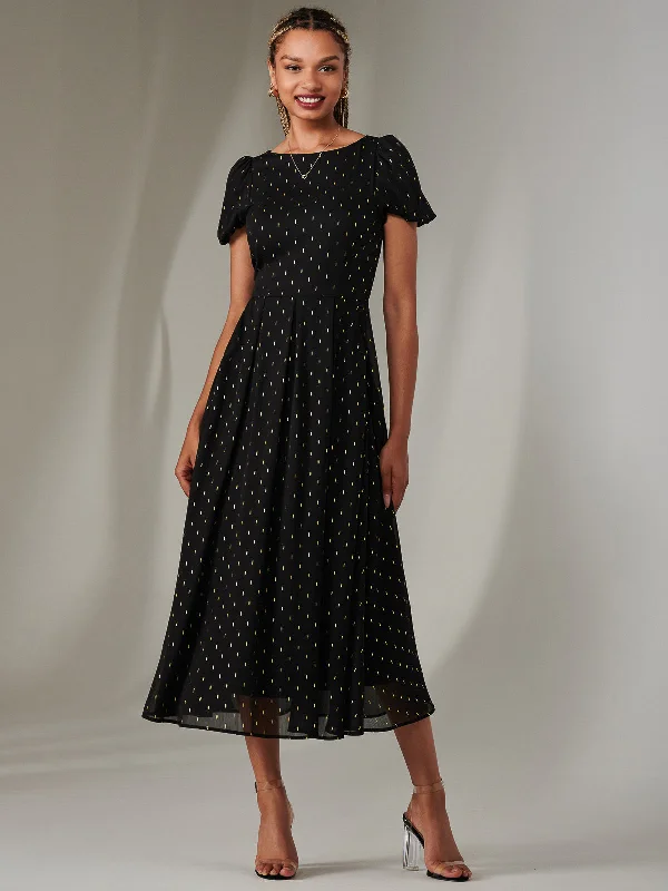 Metallic Spot Chiffon Midimix Dress, Black