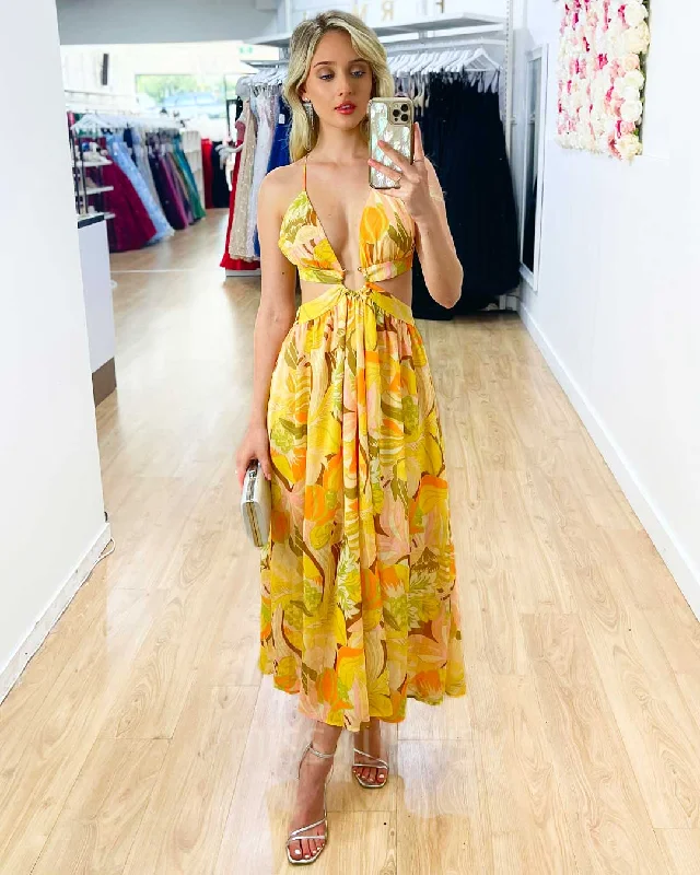 Nina Chiffon Midi Dress - Yellow Floral