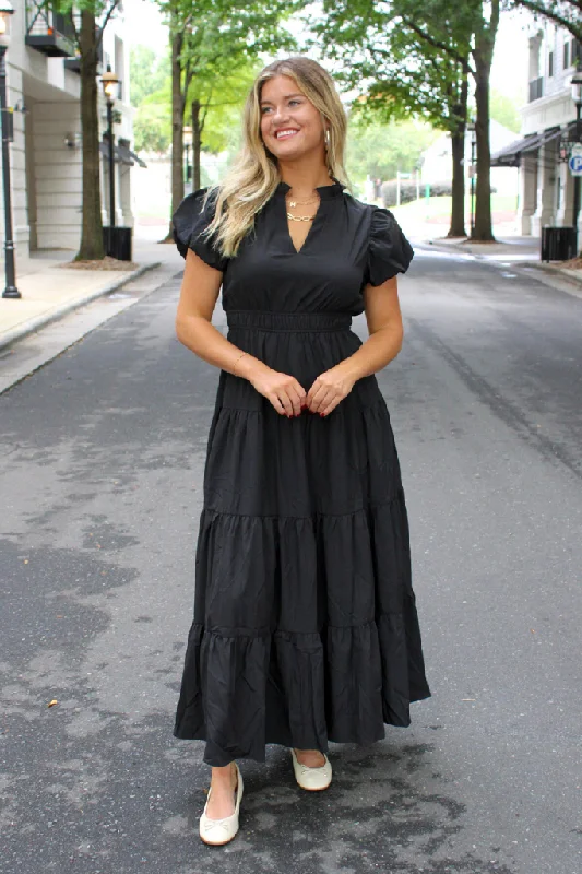 Autumn Stroll Tiered Maxi Dress in Black