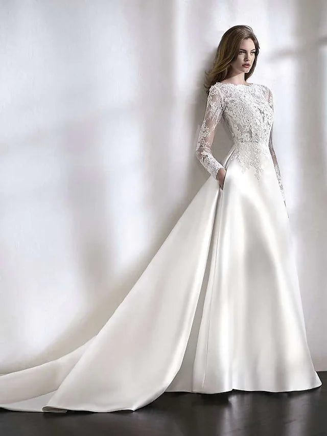 Beach Formal Wedding Dresses A-Line Long Sleeve Jewel Neck Satin With Lace Pleats