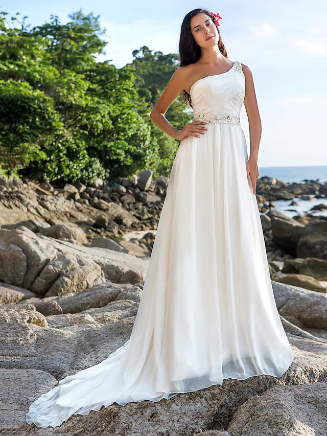 Beach Open Back Wedding Dresses  A-Line Regular Straps One Shoulder Chiffon With Sash  Ribbon Beading