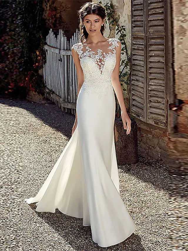 Beach Open Back Wedding Dresses Court Train Mermaid Trumpet Cap Sleeve Bateau Neck Illusion Neck Chiffon With Appliques