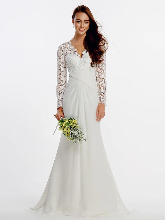 Beach Wedding Dresses Chapel Train A-Line Long Sleeve Jewel Neck Satin With Spring & Summer Bridal Gowns