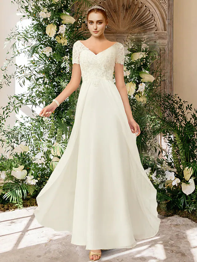 Beach Wedding Dresses Floor Length A-Line Short Sleeve V Neck Chiffon With Pleats Appliques