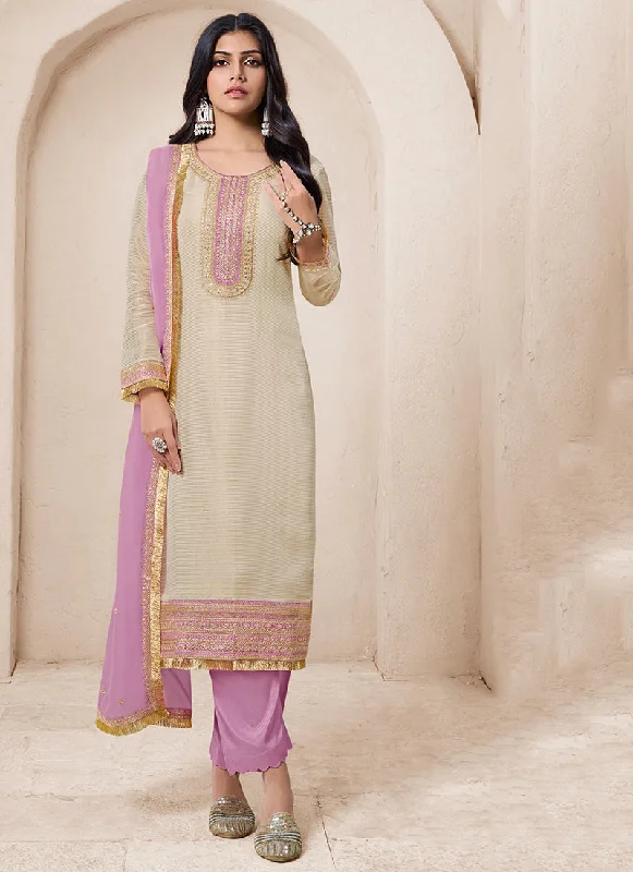 Beige And Purple Traditional Embroidery Salwar Kameez Suit