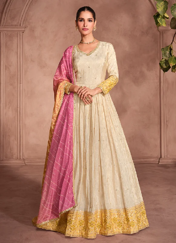 Beige And Yellow Traditional Embroidery Anarkali Suit