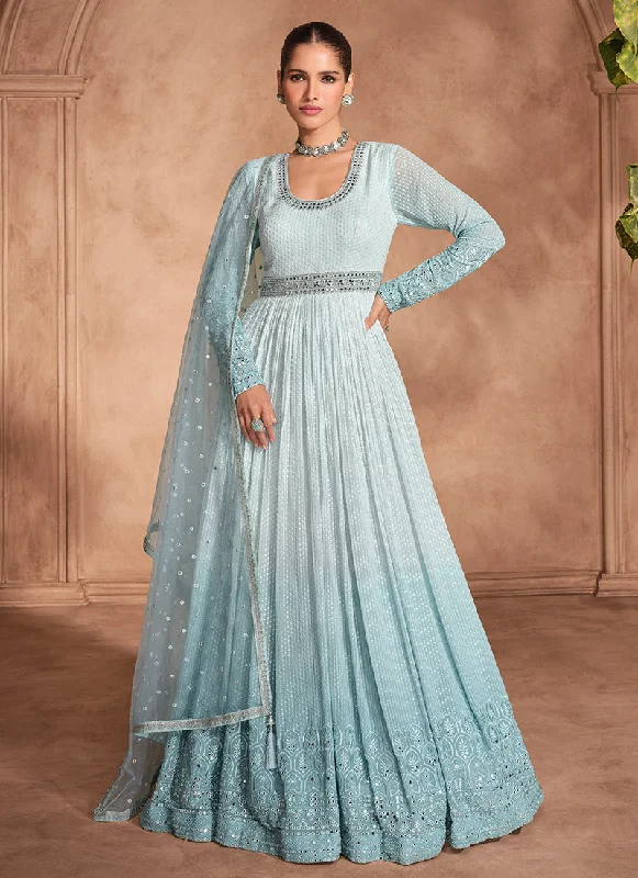 Blue Ombré Chikankari Embroidery Anarkali Gown