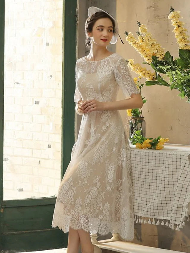 Bridal Shower Little White Dresses Wedding Dresses  Wedding Dresses Tea Length A-Line Half Sleeve Illusion Neck Lace With Sash  Ribbon Appliques