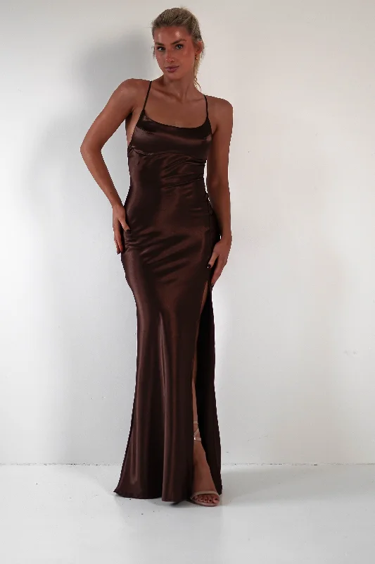 Celinee Satin Maxi Gown | Brown