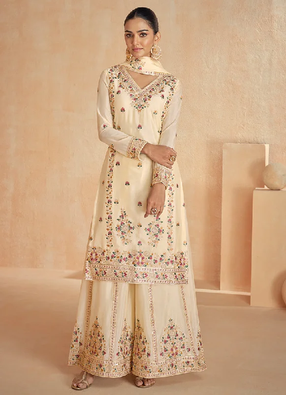 Cream White Multi Embroidery Festive Palazzo Suit