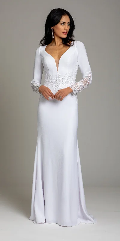 Crepe Embroidered Long Sleeve Illusion Back Column Dress