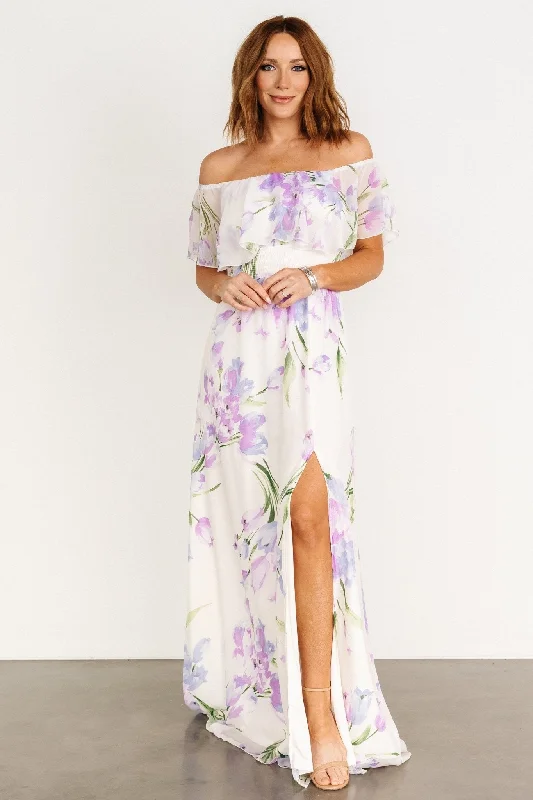 Daphne Off Shoulder Maxi Dress | Ivory + Lavender Floral