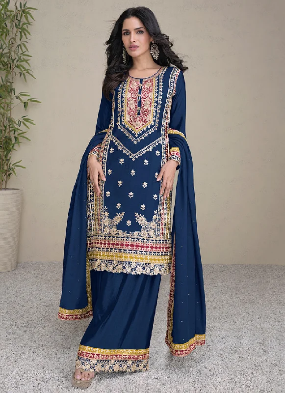 Dark Blue Multi Embroidery Traditional Palazzo Suit