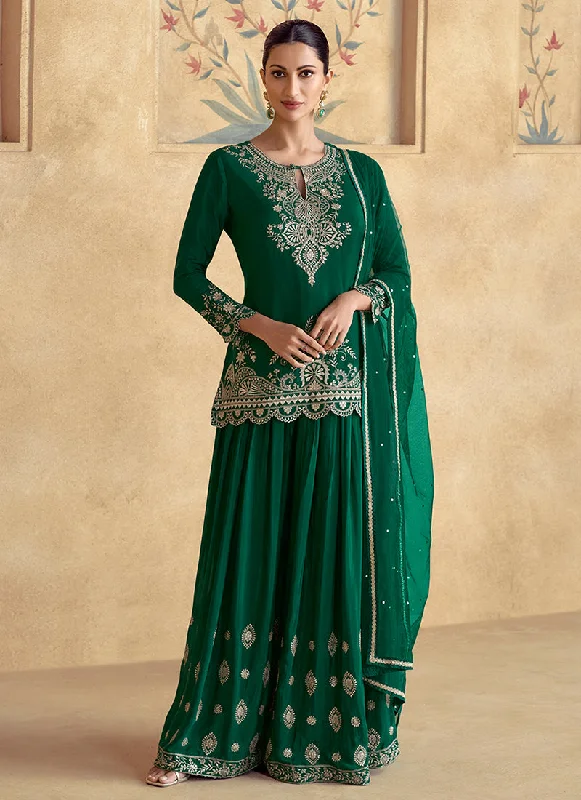 Dark Green Reshamkari Embroidery Gharara Style Suit