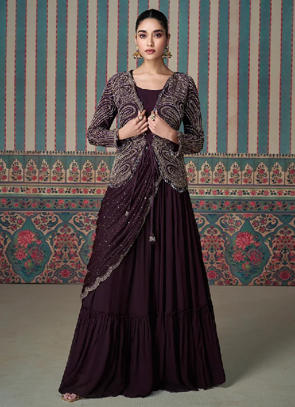 Deep Burgundy Embroidered Saree Gown with Jacket