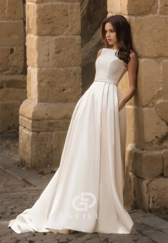 Jewel Pleated Simple A-Line Lace Appliques Wedding Dress with Pockets Buttons