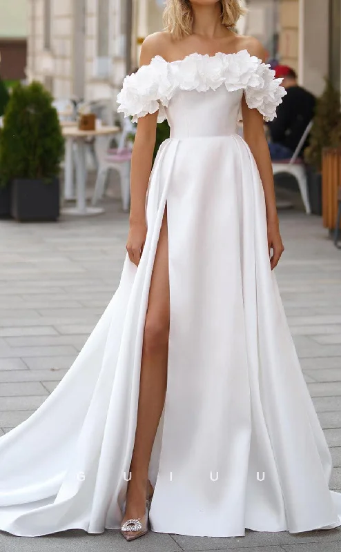 GW1020 - A-Line Off Shoulder Sleeveless Pleated Flower High Side Slit Stain Wedding Dress