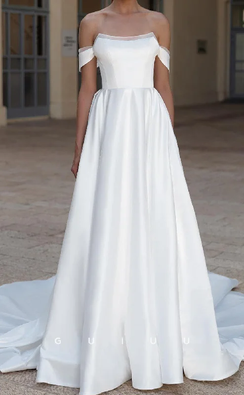 GW1022 -  Simple & Casual A-Line Off Shoulder Stain Wedding Dress with Train