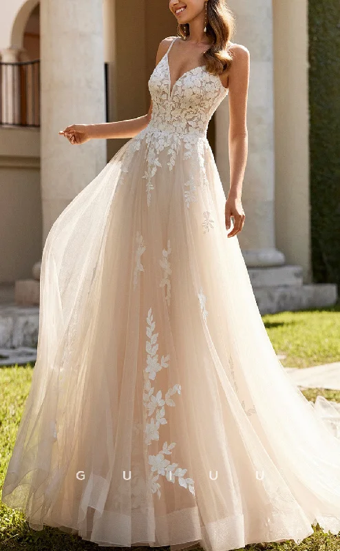 GW1034 -  A-Line Strapless Sleeveless Straps Open Back Appliques Boho Beach Wedding Dress