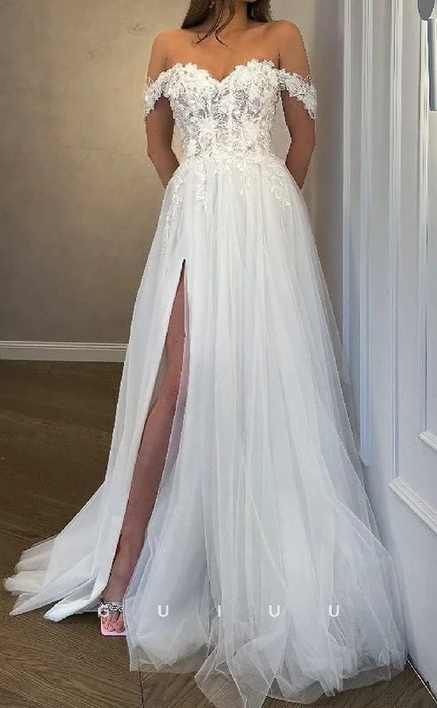 GW1047 - A-Line Off Shoulder Applique Tulle Beach Boho Wedding Dress with High Side Slit