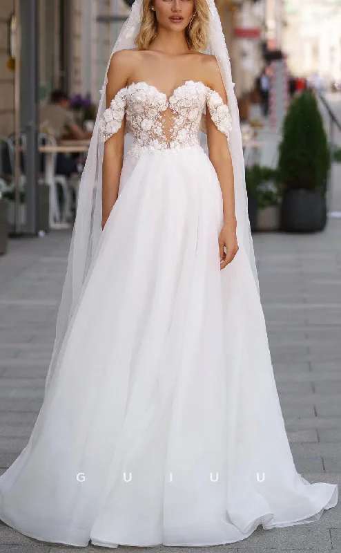 GW1048 - A-Line Off Shoulder Appliques Back Zipper Boho Wedding Dress with Veil