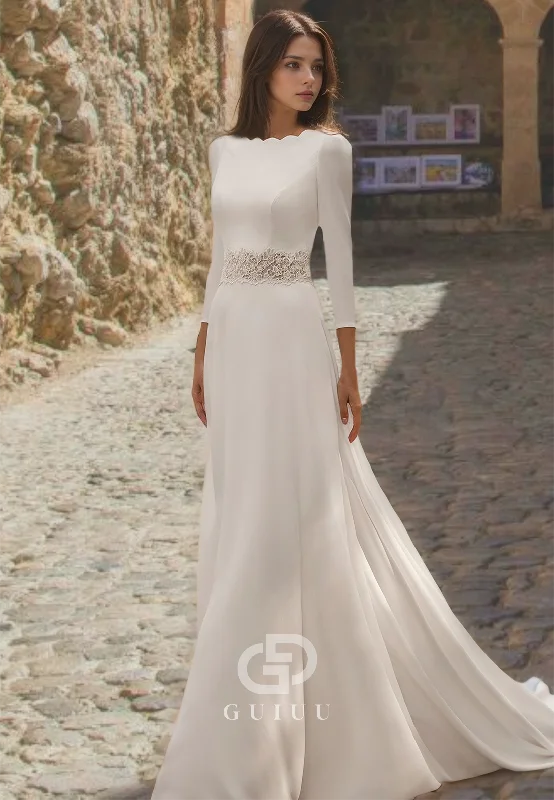 GW651 - Chic & Modern A-Line Bateau Quarter Sleeves V-Back Floral Lace Wedding Dress with Overlay and Sweep Train