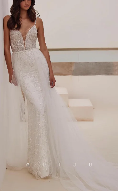 GW667 - Sexy & Hot Sheath V-Neck and V-Back Straps Fully Sequined and Beaded Illusion Wedding Dress with Overlay