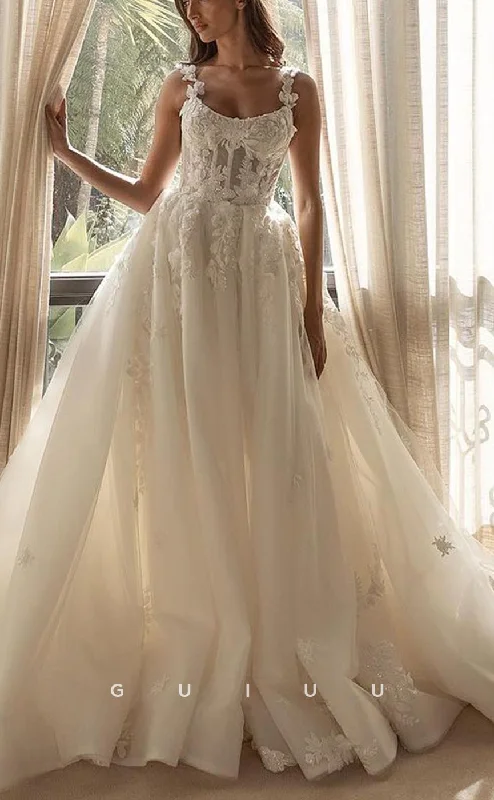 GW723 - Elegant & Luxurious A-Line Scoop Straps Sequined and Floral Appliqued Wedding Dress with Court Train