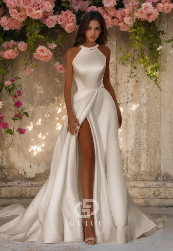 GW724 - Chic & Modern A-Line Halter Pearls Draped Wedding Dress with High Side Slit and Bowknot