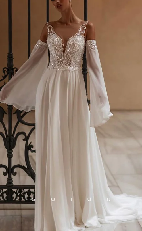 GW775 - Chic & Modern A-Line Scoop V-Neck Illusion Beaded and Sequined Draped Boho Wedding Dress with Long Bishop Sleevs and Sweep Train