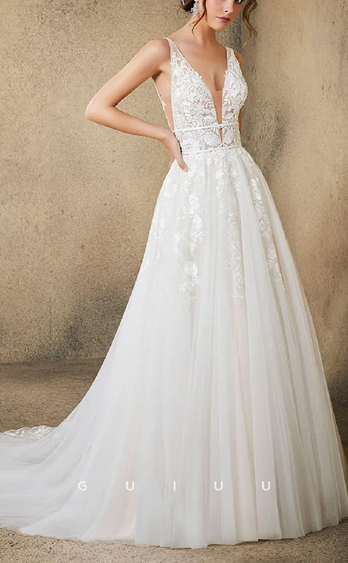 GW794 - Chic & Modern A-Line V-Neck Floral Appliqued and Draped Boho Wedding Dress