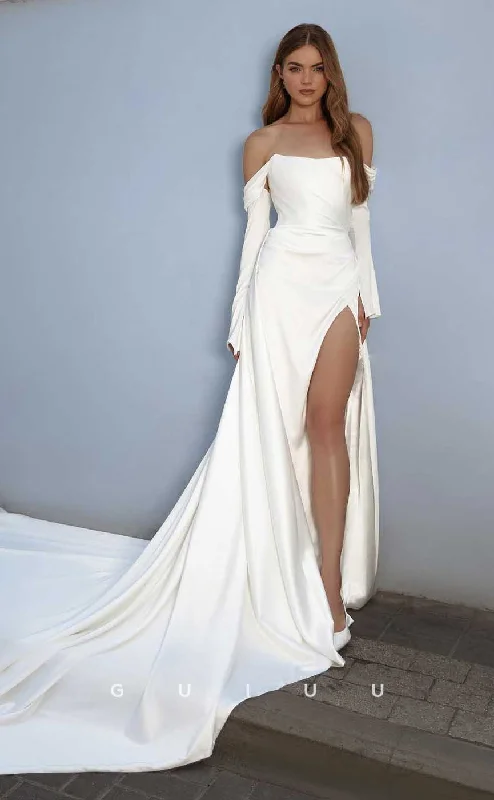 GW838 - Simple Off-Shoulder Long Sleeves Mermaid Wedding Dress with Slit and Train