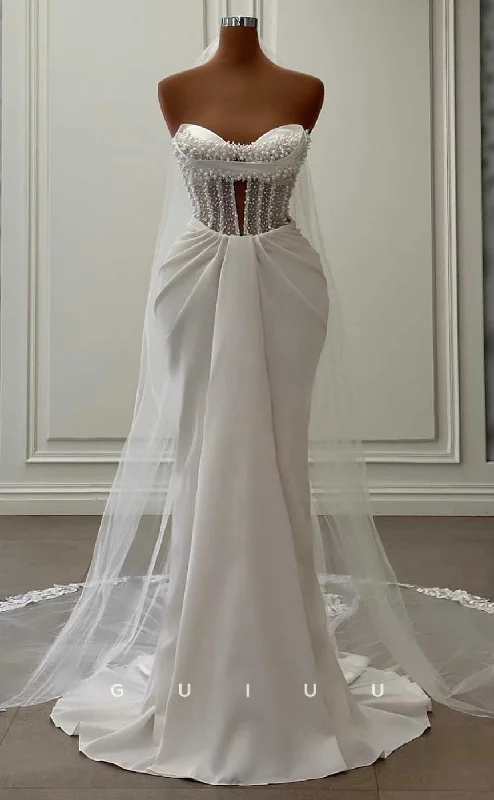 GW846 -  Chic & Modern Strapless Sleeveless Pearls Ruched Stain Mermaid Beach Wedding Dress With Train