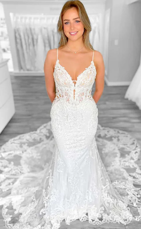 GW855 - Chic & Modern V Neck Straps Appliques Backless Mermaid Boho Wedding Dress with Train