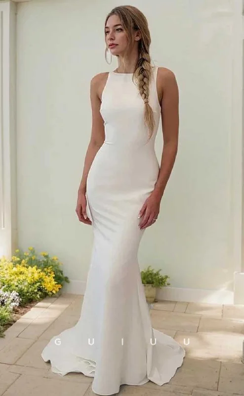 GW916 - Elegant Sheath High Neck Sweep Sleeveless Backless Beach Wedding Dress with Trai