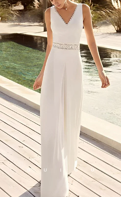 GW959 - Jumpsuit Pantsuit V-neck Sleeveless Elegant Chiffon Lace Wedding Dress