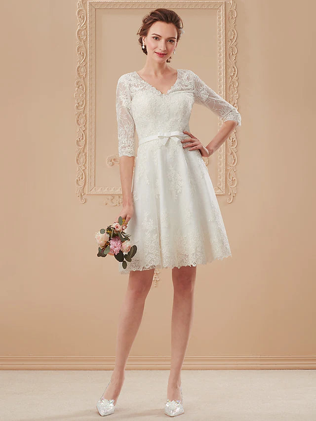 Dresses Wedding Dresses  Length Length Sleeve V Neck All Over Lace With Bowknot Sash  Ribbon