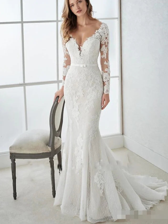 Engagement Open Back Formal Wedding Dresses Trumpet Long Sleeve V Neck Lace With