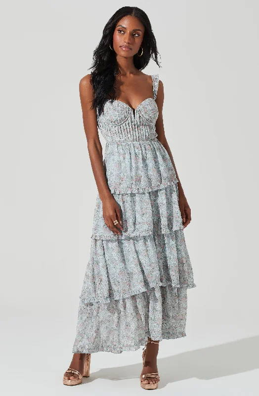 Flutter Strap Floral Tiered Maxi Dress