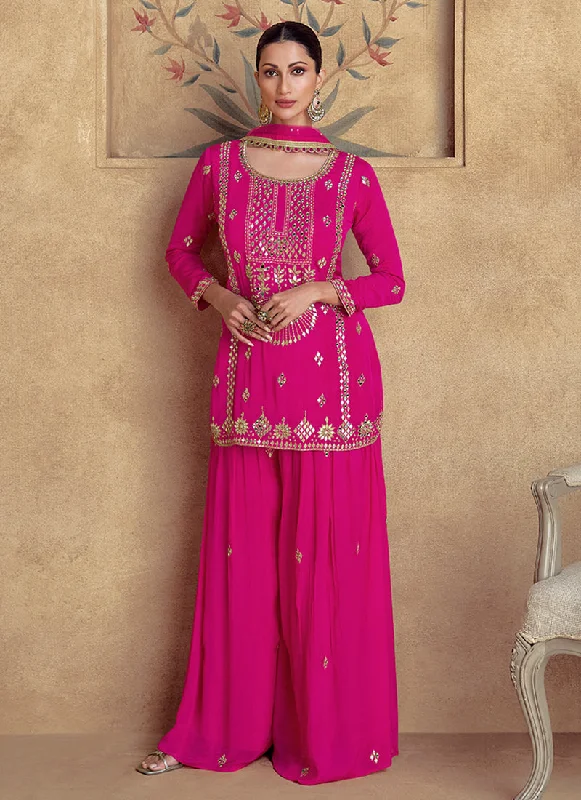 Hot Pink Reshamkari Embroidery Gharara Style Suit