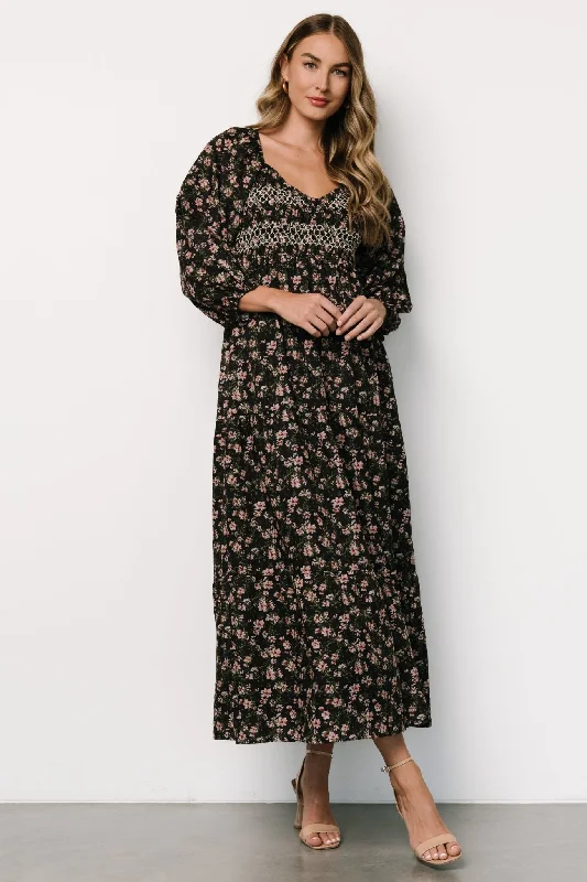 Louisa Smocked Maxi Dress | Black Floral