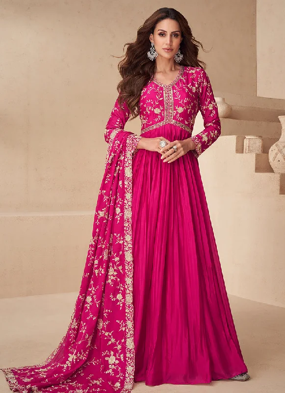 Magenta Pink Traditional Embroidery Anarkali Gown Dress