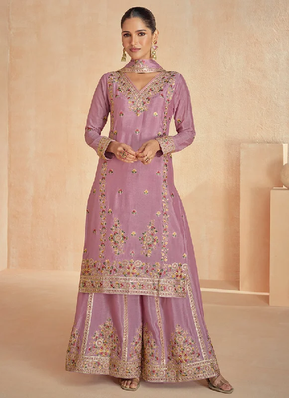 Mauve Purple Multi Embroidery Festive Palazzo Suit