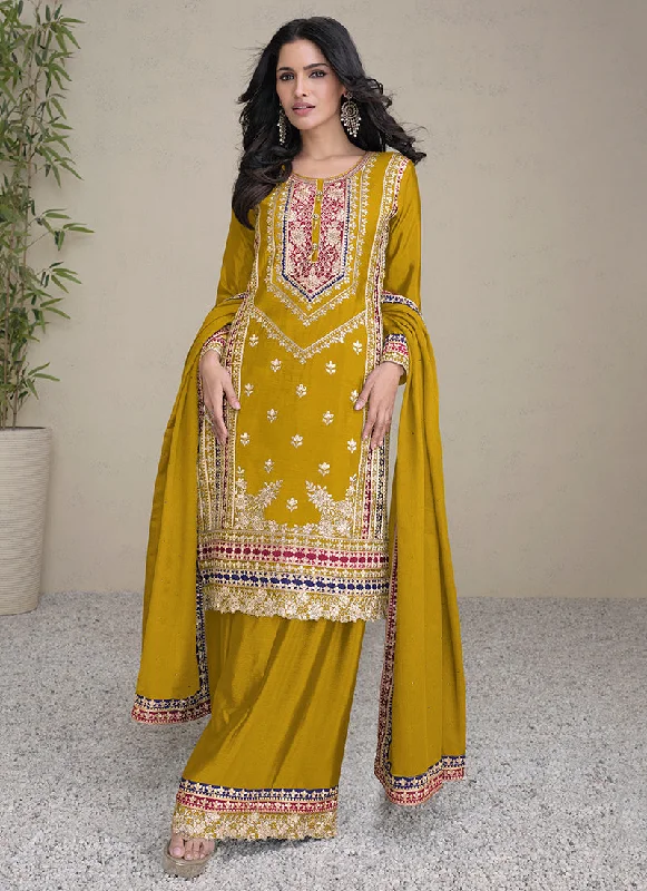 Ochre Yellow Multi Embroidery Traditional Palazzo Suit