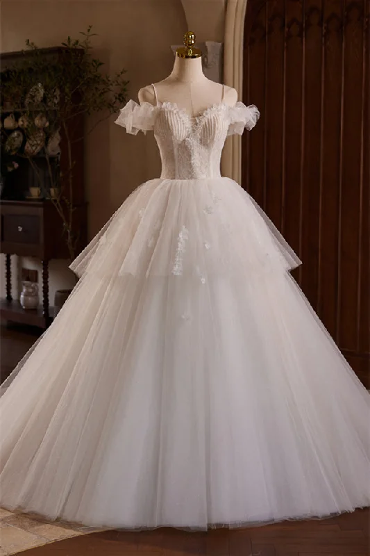 Off the Shoulder Ivory Appliques Tiered Ball Gown