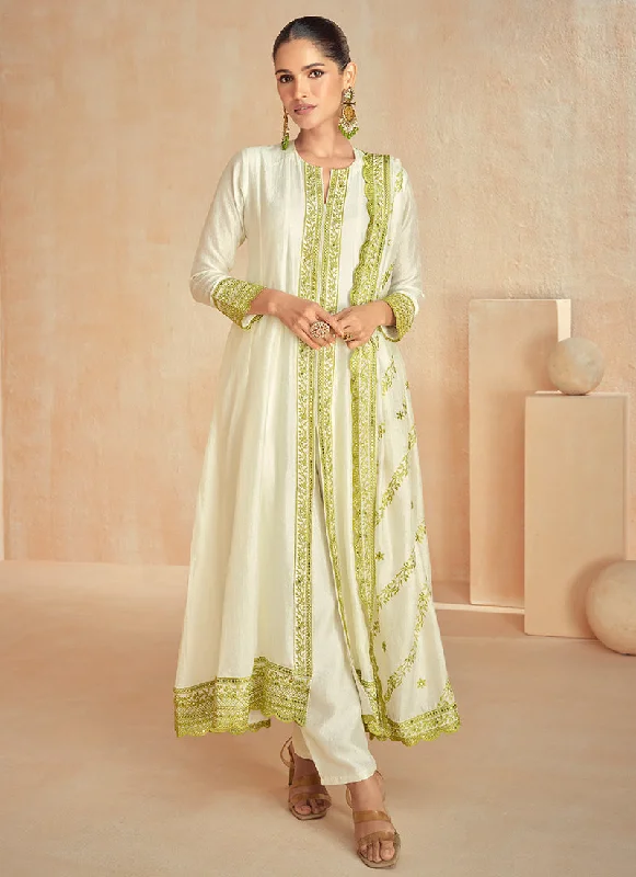 Off White And Green Embroidery Slit Style Silk Anarkali Suit