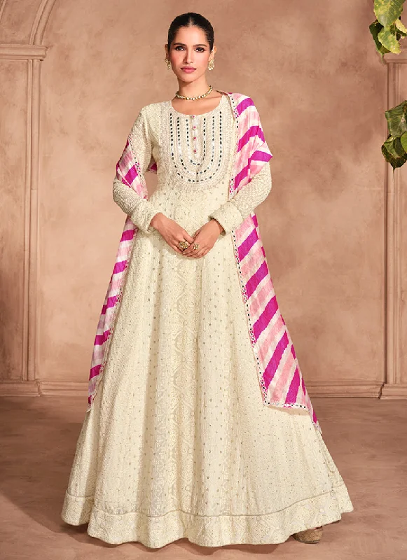 Off White Chikankari Embroidery Festive Anarkali Dress